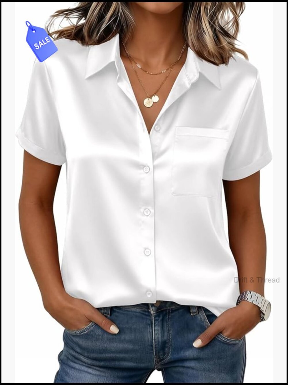 Silk Button Down Blouse Short Sleeve Business Casual Top